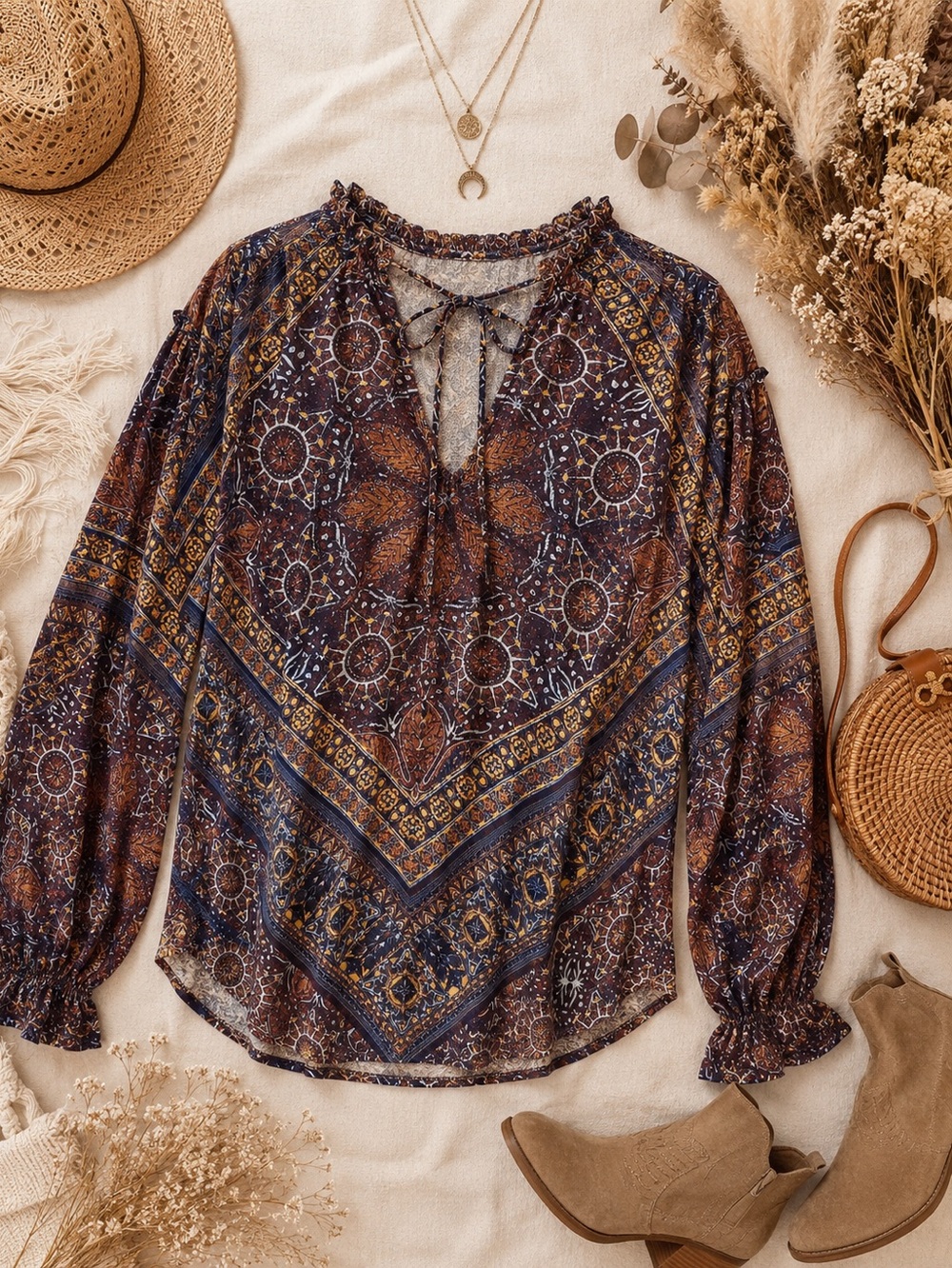 Free People Little Runaway Boho Medallion Peasant Blouse‎ Size M